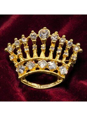 Vintage goldtone crown Tiara brooch clear glass rhinestones